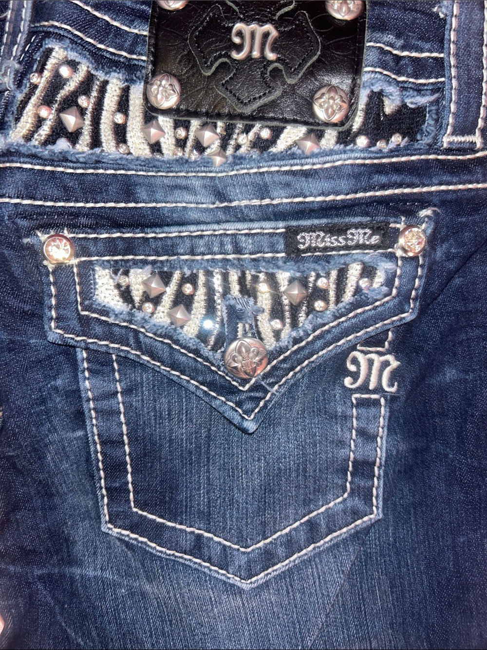 Miss Me Dark Blue Embellished Mid Rise SkinnyJeans